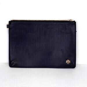 Tory Burch Black Leather Zip Pouchette Flat Makeup Essentials Designer Pouch